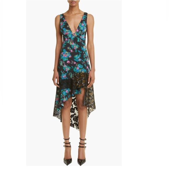 MACCAPANI Katie High Low Dress, Black Blue Floral, Size Large (8), Designer, NWT - Picture 2 of 11
